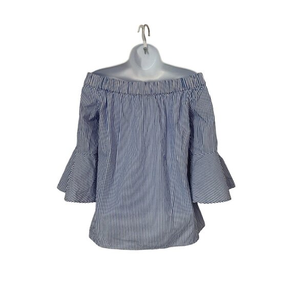 Cupio Womens Off-Shoulder Bell Sleeve Top Blue & White Striped Blouse Medium - Picture 2 of 9